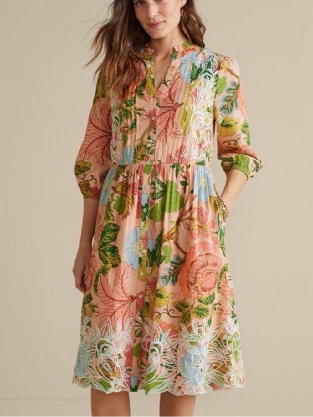 Soft Surroundings Bellicia Embroidered Floral Midi Dress Pink PXL Petite XL New